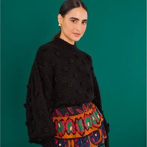 Farm Rio Black Handmade Flowers Sweater